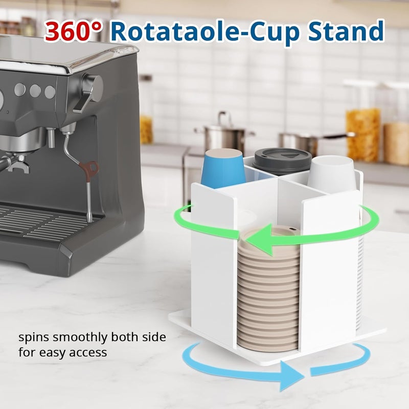 KOTEMON Cup and Lid Holder, 4 Compartment, Square | Rotating Coffee Cup Dispenser Lid Carousel for Restaurant, Buffet, Coffee Station, Bar, Countertop, White Acrylic - Image 2